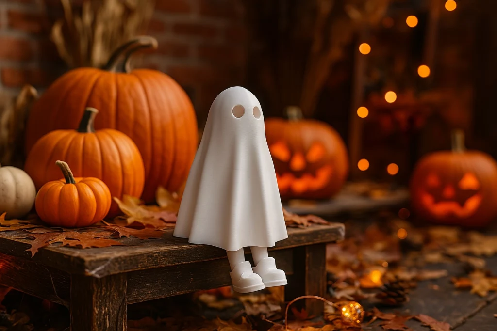 A white ghost figure with little legs, sitting on a wooden bench among autumn pumpkins