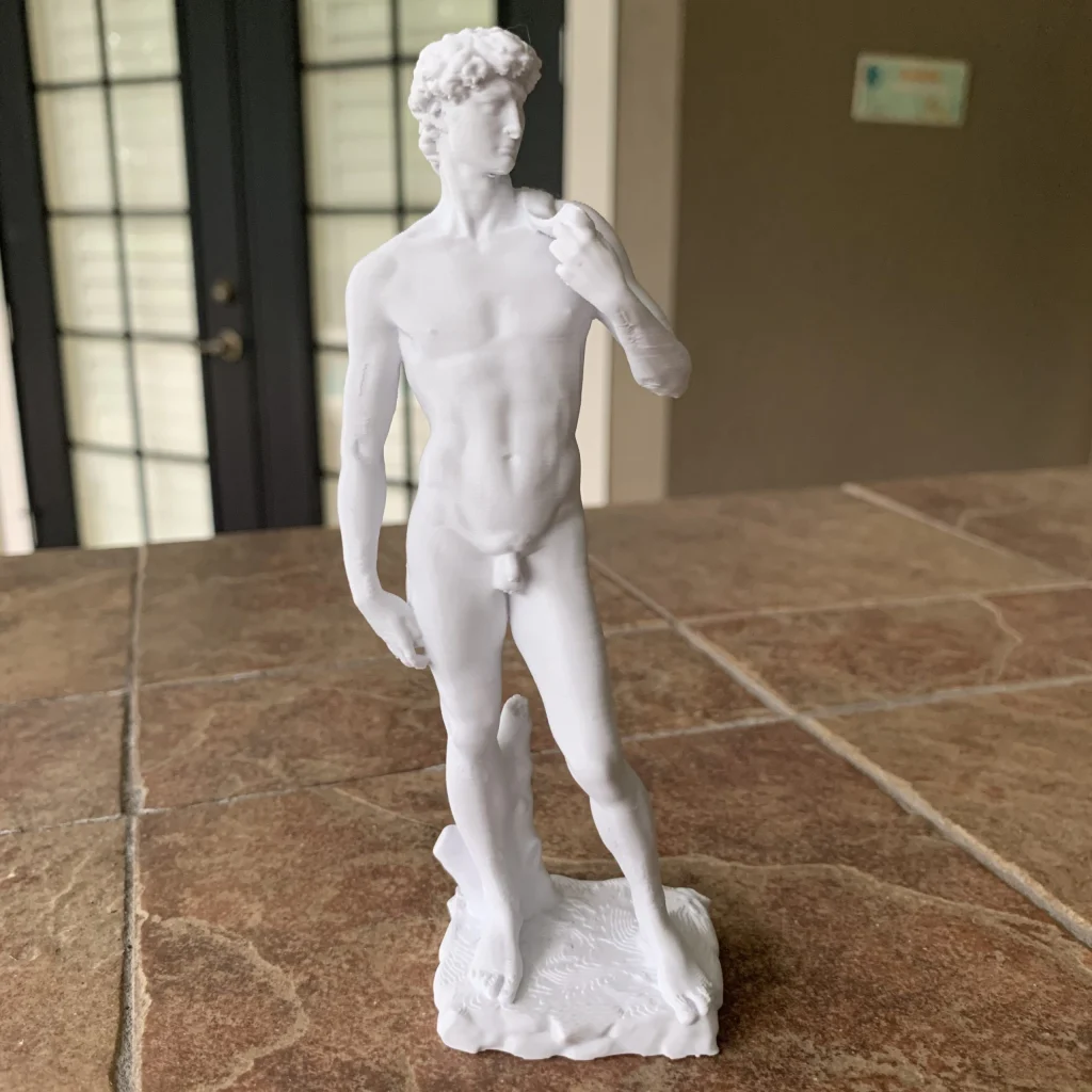 White 3D-printed statue of Michelangelo’s David