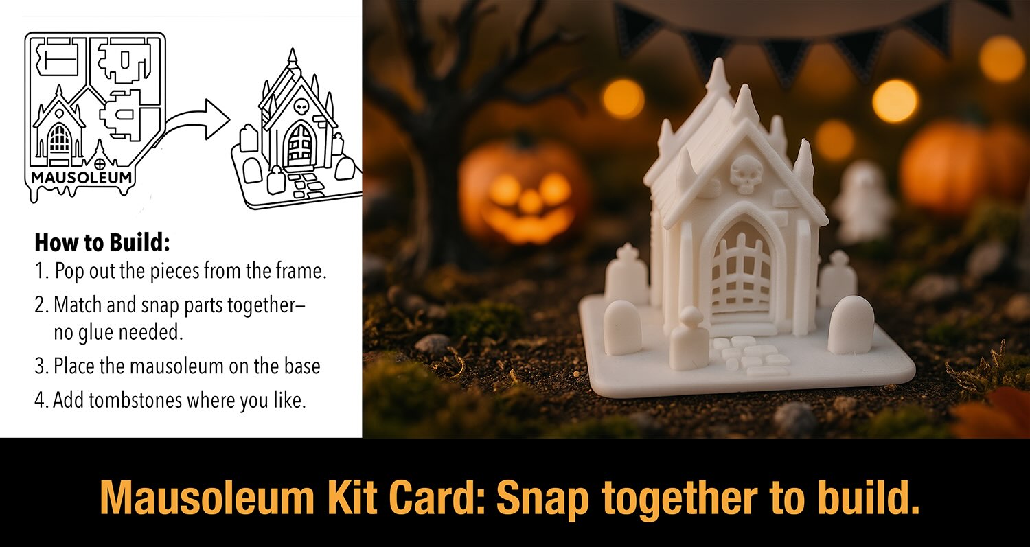 Mausoleum kit card instructions: pop out the pieces, snap them together with no glue, set the mausoleum on its base and add tombstones