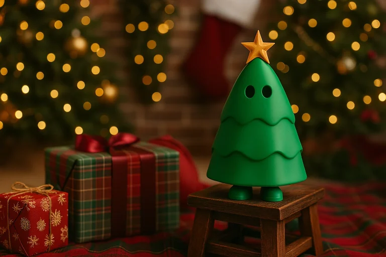 Green Christmas tree figure with a gold star by the fireplace