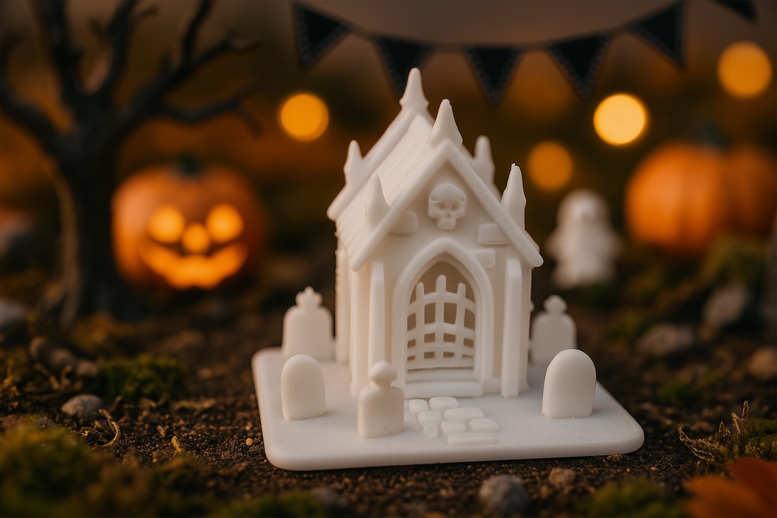 Built mini mausoleum model among glowing jack-o’-lanterns